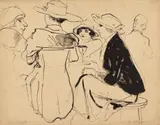 Rudolf Schlichter, Tischgesellschaft. Verso: Studie zu Stehender im Unterrock, 1926, Double-sided pen and ink drawing on chamois-coloured drawing pad paper, 3 margins jagged