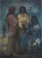 Unterhaltung am Meer by Eberhard Viegener, 1948, Oil on hardboard, offered Nov 2019