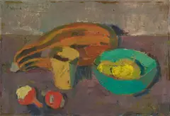 Albert Wigand, Ohne Titel (Stillleben mit Kürbis und grüner Schale), Circa 1947, Oil on card