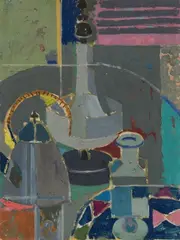 Albert Wigand, Ohne Titel (Stillleben mit Teekanne und Flakon), 1959, Oil on card