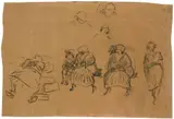 Ohne Titel (Skizze mit verschiedenen Figuren im Park) by Heinrich Zille, Charcoal drawing on thin brownish paper, offered Nov 2019