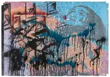 Sigmar Polke, Untitled, 1989, Oil, varnish, and spray paint on partially torn and folded card. Approx