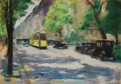 Lesser Ury, Blick auf die Konditorei Moritz Dobrin in der Lennéstraße 1 im Tiergarten, Berlin, Earliest resp. after 1926, Pastel on thick card