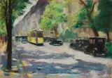 Lesser Ury, Blick auf die Konditorei Moritz Dobrin in der Lennéstraße 1 im Tiergarten, Berlin, Earliest resp. after 1926, Pastel on thick card