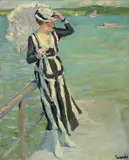 Edward Cucuel, Auf dem See - Dame im gestreiften Kleid mit Sonnenschirm, Late 1920s, Oil on canvas