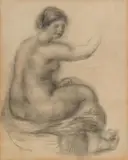 Pierre-Auguste Renoir, Gabrielle, nu assis de profil, Charcoal drawing, wiped, on laid paper with watermark "INGRES" and "VIDALON" (fragmented) resp