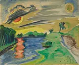 Max Pechstein, Landschaft mit Gewässer, am Himmel Sonne und Mond, 1922, Watercolour on firm wove paper