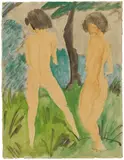 Otto Mueller, Zwei weibliche Akte in Landschaft, Circa 1925, Watercolour and chalk drawing on handmade wove paper