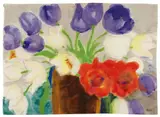 Rote, blaue und weiße Tulpenblüten in einer Vase by Emil Nolde, Circa 1930/1940, Watercolour on Japan laid paper, offered Nov 2019