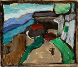 Gabriele Münter, Landschaftsstudie (Landschaft mit Spaziergänger), Circa 1912, Oil on artist's board