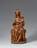 Lower Rhine Region circa 1350, A Lower Rhenish carved wood figure of Saint Anne Teaching the Virgin to Read, circa 1350, Probably oak, carved three-quarters in the round, the reverse flattened. Minimal remains of former polychromy. Designed for a frontal and slightly lowered viewpoint. Depicting the matronly figure of Saint Anne seated on a bench with the diminutive figure of the Virgin Mary held in her left hand, to whom she proffers an open book with her right. The sculpture is characterised by the fine quality of the carving, which is particularly evident in the detailed drapery of Saint Anne's veil. An indentation for a reliquary is carved into the saint's chest. Wear with minor losses to the plinth and throne