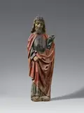 Probably South German second half 15th century, A carved wood figure of a saint, probably South German, second half 15th century, The reverse flattened. Extensively overpainted polychromy. A flat pierced relief with a highly three-dimensional appearance, presumably from a folding altarpiece. The left hand lost, the area beneath this down to the middle of the sculpture replaced. Wear throughout. Backed with a wooden panel