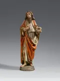 circle of Grasser, A carved wood figure of John the Baptist, circle of Erasmus Grasser, Carved three-quarters in the round, the reverse flattened and hollowed out. Partially overpainted older polychromy. A figure of the saint holding the lamb of God, dressed in a girded fur robe and long cloak and standing in contrapposto on a round plinth. This Bavarian sculpture can be allocated to the early 16th century on stylistic grounds and displays great similarity, especially in the facial features, to a relief depiction of Saint Jerome found on the back of the choir stools of the Frauenkirche in Munich (Berlin, Skulpturengalerie) which was made between 1500-1512 in the workshop of Erasmus Grasser in Munich. The right hand and the lamb possibly replaced. Minimal wear throughout