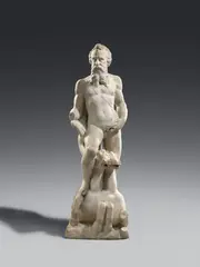 Girolamo Campagna, A marble figure of Neptune by Girolamo Campagna, Carved in the round and partially freestanding. This sculpture, designed to be viewed in the round, depicts the sea god Neptune riding on two hippocamps. Alessandro Delpriori attributes the finely carved figure to the important Italian sculptor Girolamo Campagna, dating it to around 1585 or slightly after. At this time the artist was involved in the decoration of the Basilica of Saint Anthony in Padua. The subject and composition of this work indicate an original placement within a larger composition, possibly as part of a fountain. Neptune's right hand and a front leg of the horse lock. Wear with minimal losses