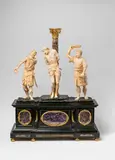 A 17th century Italian carved ivory depiction of the Flagellation, copy after Alessandro Algardi or François Duquesnoy by after François Duquesnoy Alessandro Algardi, Carved ivory and ebony set with amethyst, jasper, and other coloured gemstones, ormolu mountings. Three-figure group car, sold Nov 2019