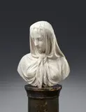 Giovanni Battista Lombardi, A marble bust of a veiled woman by Giovanni Battista Lombardi, Carrara marble, carved in the round. A finely carved depiction of a lady in mourning with a veil pulled far down across her face. The piece is signed and dated to the reverse "GB. Lombardi / Roma. 1870". Several grave sculptures by Giovanni Battista Lombardi exist on the Camposanto of his home town of Brescia. A small black scuff to the reverse, otherwise in pristine condition. Loosely attached to a plinth