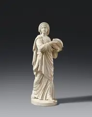 Heinrich Maximilian Imhof, A marble figure of Miriam with the Timbrel by Heinrich Maximilian Imhof, White Carrara marble carved in the round.. Heinrich Maximilian Imhof entered the studio of Dannecker in Stuttgart in 1820 before travelling to Rome in 1824, where he continued his education under Thorvaldsen. In 1830, he received a commission from King Ludwig of Bavaria to create a bust of Emperor Maximilian I. In 1835 King Otto of Greece offered him a professorship in Athens, but he returned to Rome in 1838. He remained there until his death, primarily sculpting figures from the Old Testament. This work is signed to the plinth "H. IMHOF. FEC ROM. 1867" and depicts a striding young woman playing a tambourine. She represents the prophetess Miriam, who led the women of Israel forth with a song of victory following the parting of the Red Sea and the defeat of the Pharaoh's army in Egypt (Exod. 15:20). The present work is a smaller copy of the original life size marble version sculpted by Imhof in 1859 (now in the Staatsgalerie Stuttgart). Minimal wear to the plinth, otherwise in pristine condition