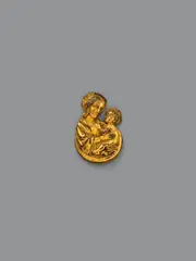 Flemish 15th century, A 15th century Flemish bronze relief of the Virgin and Child, Cast bronze, engraved, chased, and gilt. A charmingly tender pierced high relief half-figure depiction of the Virgin and Child with a slender crescent moon forming the lower border. Minimal wear to the bronze and gilding
