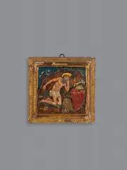 Flemish, A late 17th century polychrome terracotta relief of the penitent Saint Jerome, This relief depicts the kneeling Saint Jerome dressed in a loincloth in a rocky landscape. The lion accompanies him as his identifying attribute alongside an arrangement of books, a crucifix and a cardinal's hat. With a diagonal hairline crack to the upper left, the upper right corner replaced with plaster. Mounted in a wooden frame. H 16.5, W