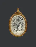 South German 1692, A South German pendant with John the Baptist, 1692, Cut paper between two panes of glass in a gilt bronze surround. With a delicate cut paper depiction of the young John the Baptist in a wooded landscape gesturing towards the Lamb of God, inscribed: "ISTE PVER MAGNVS / CORAM DOMINO / NAM ET / MANVS EIVS / CVM IPSO / EST / 1692." The paper slightly yellowed, otherwise in pristine condition