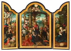 Jan van Dornicke, called Master of 1518 and studio, Triptych with the Adoration of the Magi, Adoration of the Shepherds, and the Flight into Egypt, Oil on panel. Central panel