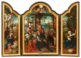 Triptych with the Adoration of the Magi, Adoration of the Shepherds, and the Flight into Egypt by Jan van Dornicke, called Master of 1518 and studio, Oil on panel. Central panel, sold Nov 2019