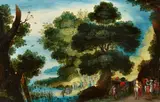 Wooded River Landscape with the Baptism of Christ by circle of Gillis Mostaert, Oil on copper, offered Nov 2019