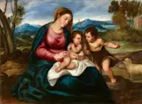 The Virgin and Child with John the Baptist by follower of Tiziano Vecellio, Oil on canvas (relined), offered Nov 2019