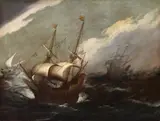 Flemish School circa 1600, Ships on Rough Seas, Oil on canvas