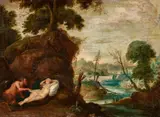 Flemish School Early 17th century, Landscape with a Satyr and a Sleeping Nymph, Oil on copper
