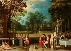 Adriaen van Stalbemt, Bathing Nymphs in a Park Landscape, Oil on panel (parquetted)