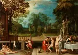 Adriaen van Stalbemt, Bathing Nymphs in a Park Landscape, Oil on panel (parquetted)