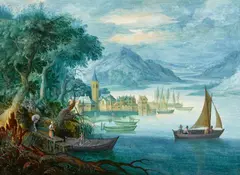 attributed to Jasper van der Lanen, River Landscape, Oil on panel (parquetted)