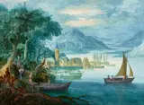 attributed to Jasper van der Lanen, River Landscape, Oil on panel (parquetted)