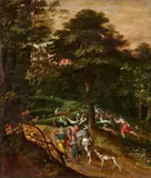 David Vinckboons, Forest Landscape with a Deer Hunt, Oil on panel mounted on hard board
