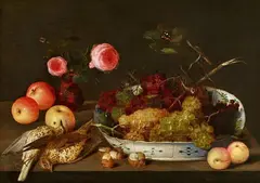 Peter Binoit, Still Life with Birds, Roses, Apples, Snails, and Grapes in a Wan-Li Dish, Oil on panel