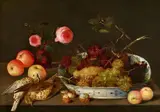 Peter Binoit, Still Life with Birds, Roses, Apples, Snails, and Grapes in a Wan-Li Dish, Oil on panel