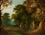 attributed to Alexander Keirincx, Hunters in a Forest Landscape, Oil on panel (parquetted)