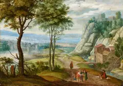 Travellers in a Panoramic Landscape by Izaak van Oosten, Oil on copper (parquetted), offered Nov 2019