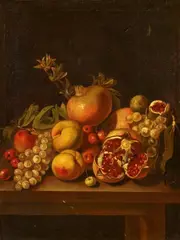 Still Life with Pomegranates and Fruit on a Table by Italian School 17th century, Oil on canvas (relined), sold Nov 2019