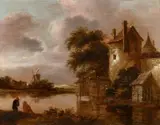 Klaes (Nicolaes) Molenaer, River Landscape with Buildings and a Windmill, Oil on panel