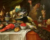 Jan van Kessel the Elder, Large Still Life with a Lobster, Birds, Fruit, and Renaissance Goblets, Oil on canvas (relined)