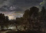 Aert van der Neer, Nocturnal Landscape with Fishermen