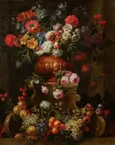 Gaspar Peeter Verbruggen the Elder, Fruit Still Life on a Stone Pedestal and Flowers in a Clay Vase, Oil on canvas (relined)