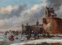 Thomas Heeremans, Ice Skaters on a Frozen River, Oil on panel (parquetted)