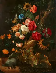 Ernst Stuven, Sous-Bois Still Life with a Common Redstart, Cicada, Toad, and a Snake, Oil on canvas (relined)