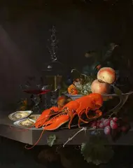 Jacob van Walscapelle, Lobster on a Pewter Plate with Fruit and Wine Glasses on a Ledge, Oil on canvas (relined)