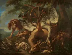 attributed to Angelo Maria Crivelli, Large Game Still Life with a Dog, Oil on canvas (relined)
