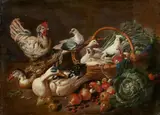Jacob van der Kerckhoven, Large Still Life with Vegetables, Fruit, Pidgeons, Ducks, and a Rooster, Oil on canvas