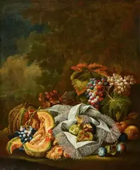 Maximilian Pfeiler, A Pair of Fruit Still Lifes in a Park Landscape, Oil on canvas (relined). Each